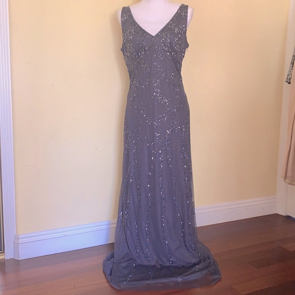 ADRIANNA PAPELL Dark Gray Beaded Formal Maxi Dress Special Event Size 10